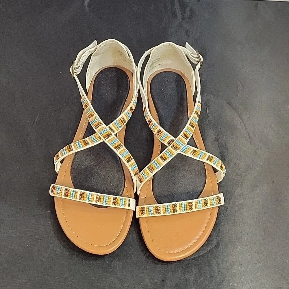 BEADED LEATHER UPPER CRISSCROSS STRAP BACK ANKLE BUCKLE STRAP CLOSURE SANDAL